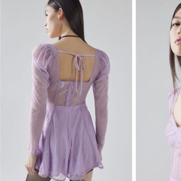 Urban Outfitters | Leah Lace Semi Sheer Romper New Medium Lilac Lavender Purple - Picture 5 of 10